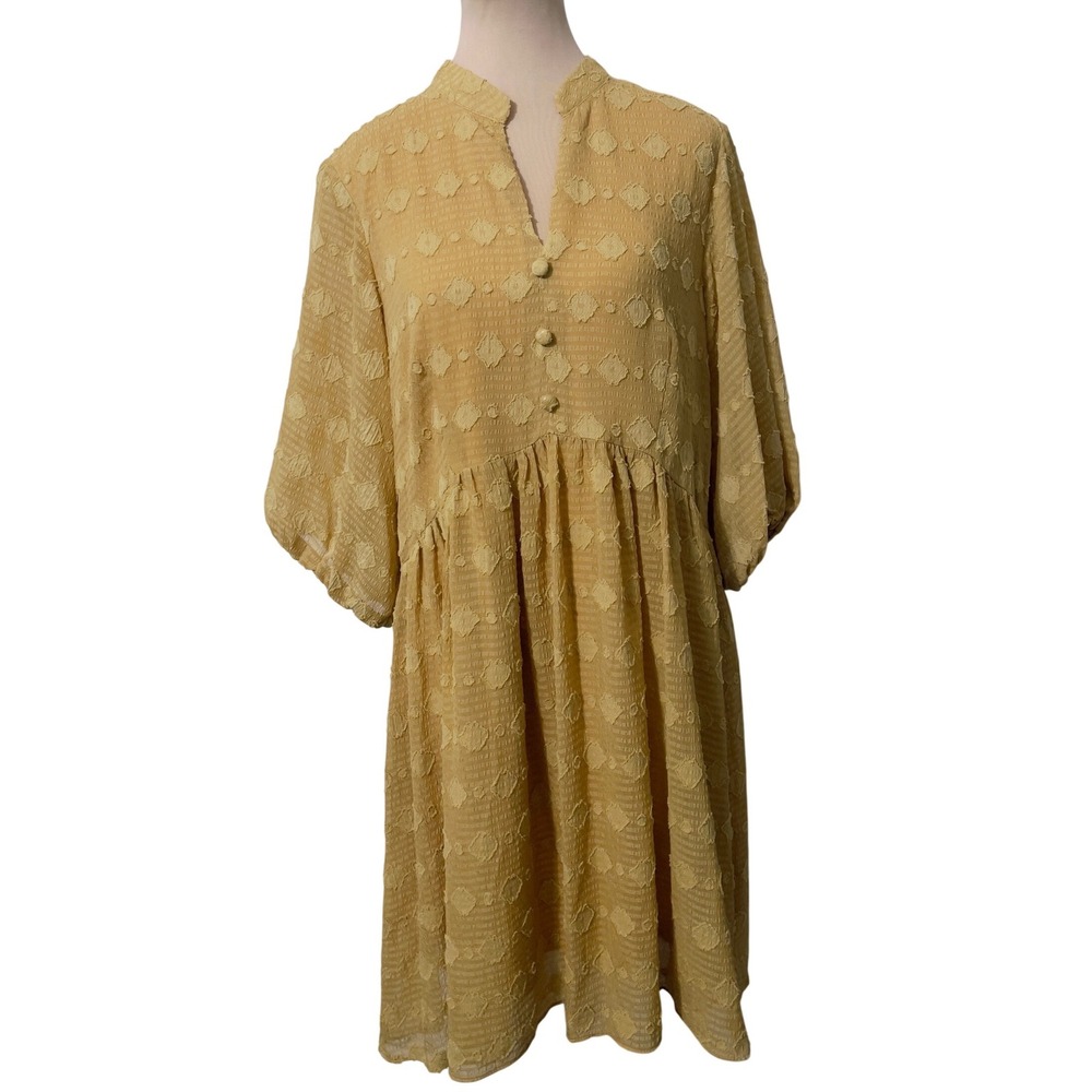 Sandra Darren Women Yellow Textured Clip Dot Babydoll Dress Size 12 Boho Casual